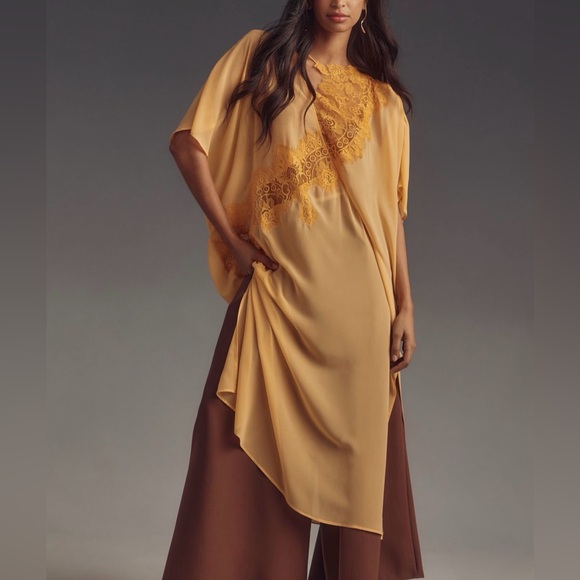 By Anthropologie Sheet Lace Kaftan Orange Peach One Size - Picture 2 of 11